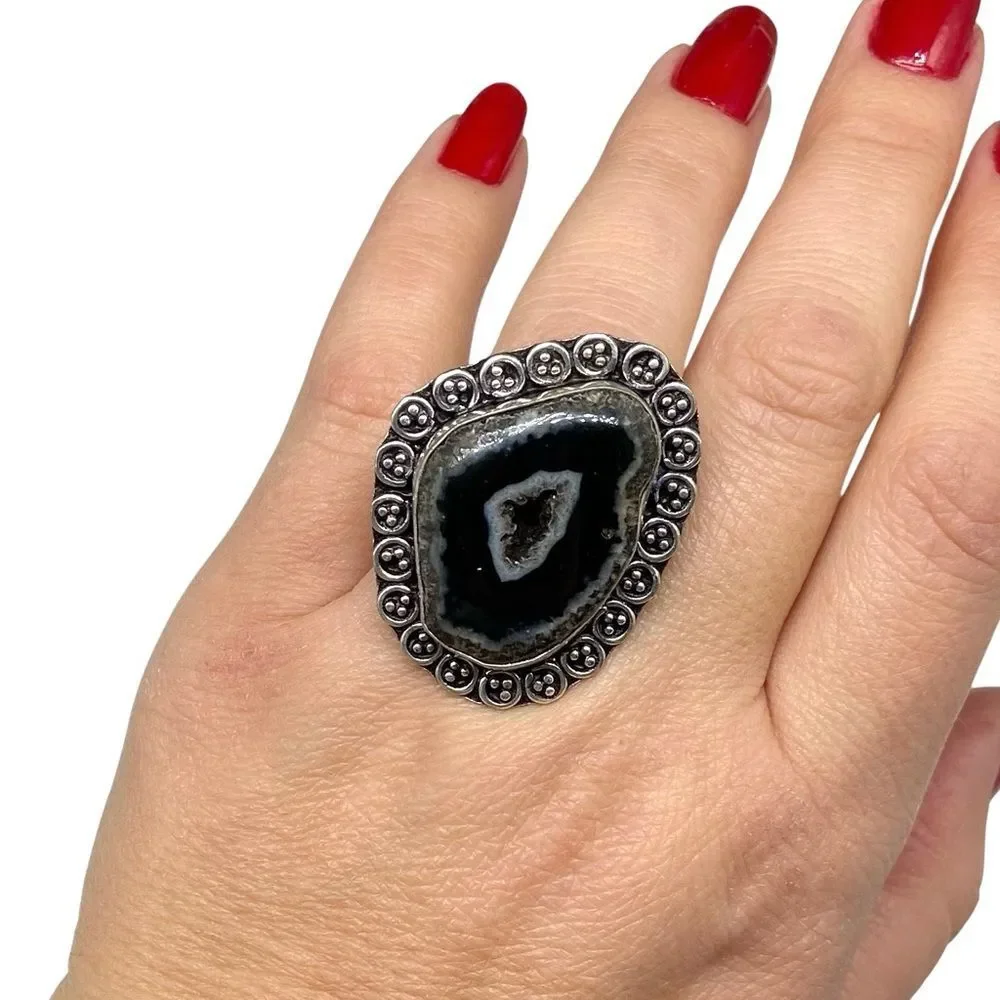 Black Druzy Botswana Agate Geode Ring 925 Sterling Silver Overlay Size 7.5